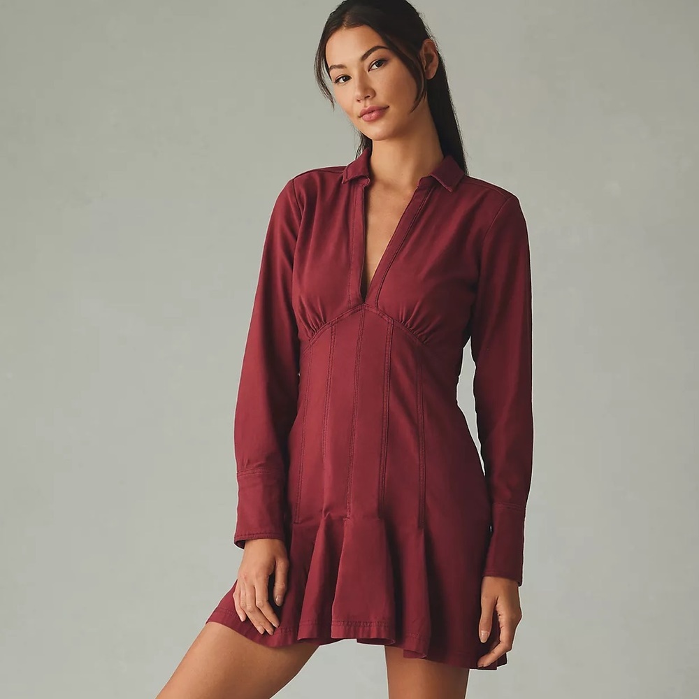 Pilcro Long-Sleeve V-Neck Seamed Mini Dress in Cherrywood